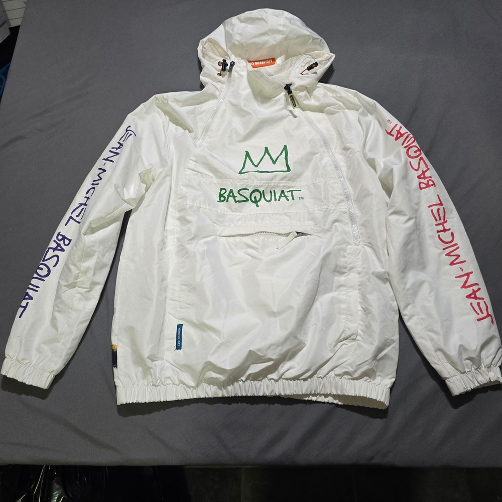 Members Only Jean-Michel Basquiat Windbreaker Mens Small White Dinosaur Jacket